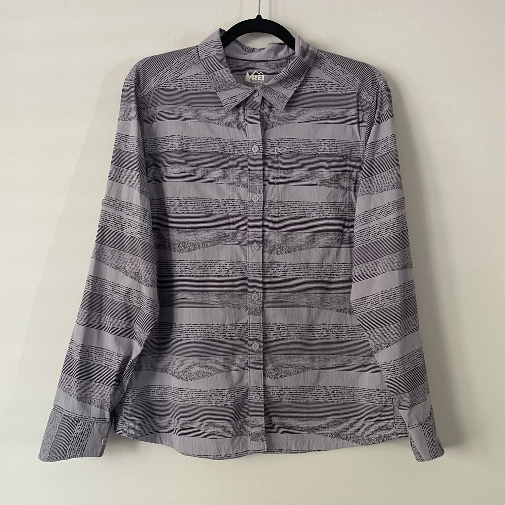 REI Co-op Womens‎ Striped Long Sleeve Button Up Shirt Purple Sz L Outdoor Hiking